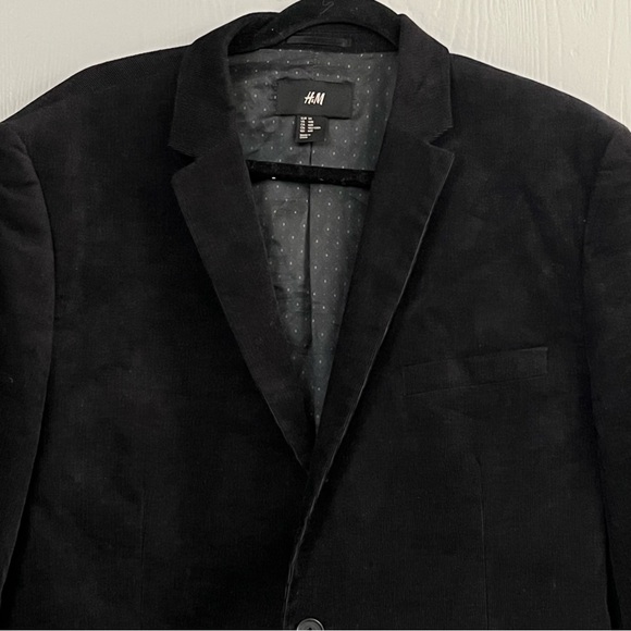 H&M Mens Black Blazer Sport Coat Two Button Jacket Corduroy Casual Suits Sz 44 - Picture 3 of 12